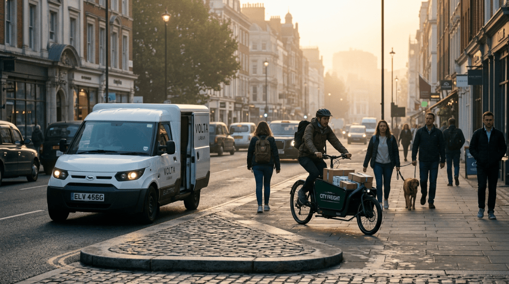 Urban street scene at dawn featuring an electric delivery van and a cyclist with cargo, surrounded by pedestrians on a busy sidewalk.
