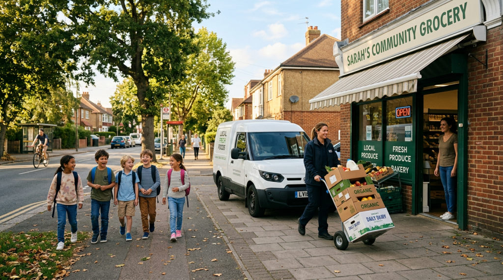 Group of five children walking on a sidewalk in front of a community grocery store, smiling and chatting. A delivery person is unloading a cart filled with organic produce, while a store employee watches from the entrance. A delivery van is parked nearby.