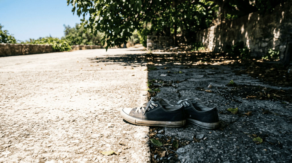 A pair of black sneakers resting on a sunlit stone pathway, with shadows and greenery in the background.