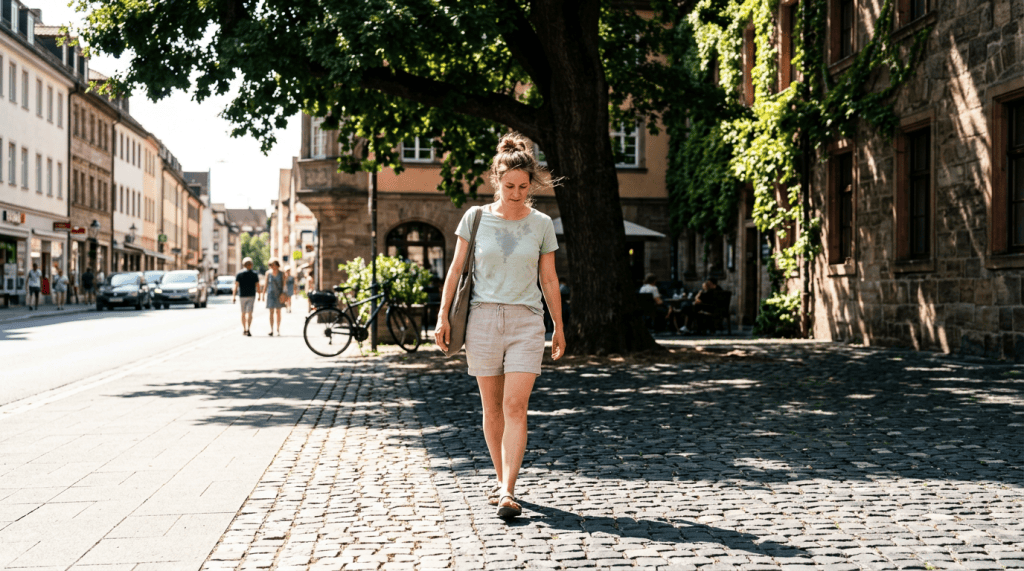 A woman walking on a cobblestone street in a sunlit urban area, surrounded by buildings and trees.