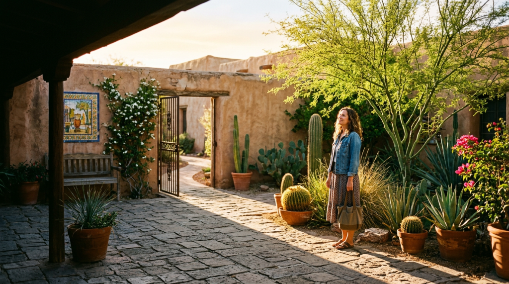 A woman stands in a sunlit courtyard surrounded by potted plants and cacti, with a stone pathway leading to a wrought iron gate. The walls are adorned with greenery and a colorful tile mural.