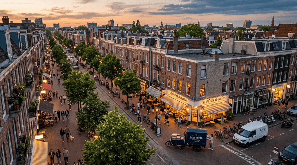 Aerial view of a busy street in Amsterdam during sunset, featuring tall buildings, trees lining the sidewalk, and people walking. There are outdoor cafes with patrons, bicycles parked along the curb, and a tram passing by.
