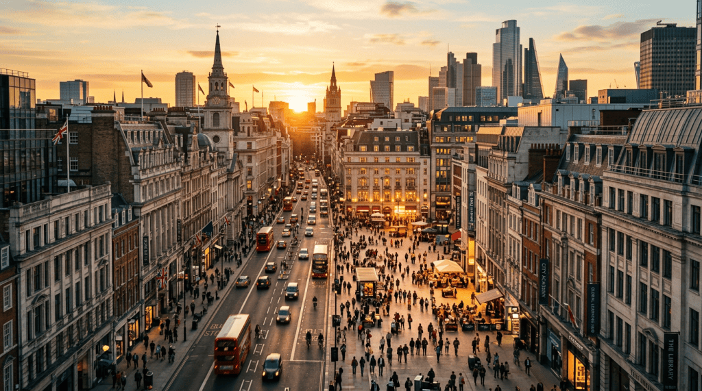 Panoramic view of a busy city street during sunset, with people walking and traffic flowing. Historic and modern buildings line the street, highlighting the urban skyline.