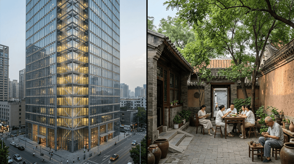 A tall modern glass building with illuminated office spaces, located in a bustling urban area.