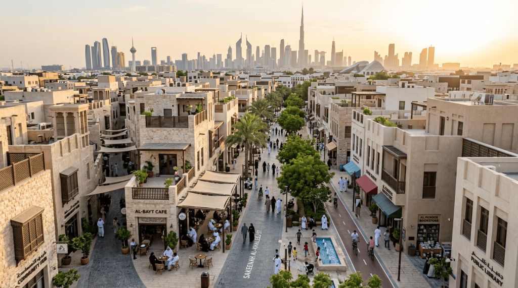 A vibrant cityscape at sunset showing a lively street lined with modern buildings and traditional architecture, with people walking and dining outside. In the background, the iconic skyline of Dubai, featuring the Burj Khalifa, is visible against the colorful sky.