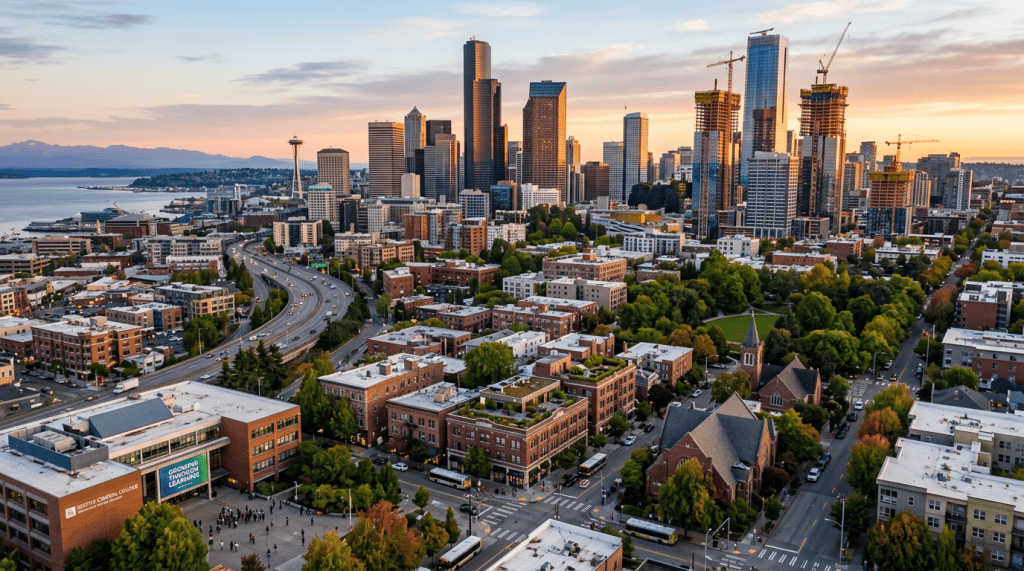 Aerial view of Seattle's skyline at sunset, featuring the Space Needle and various high-rise buildings, with lush green trees and a waterfront visible in the foreground.
