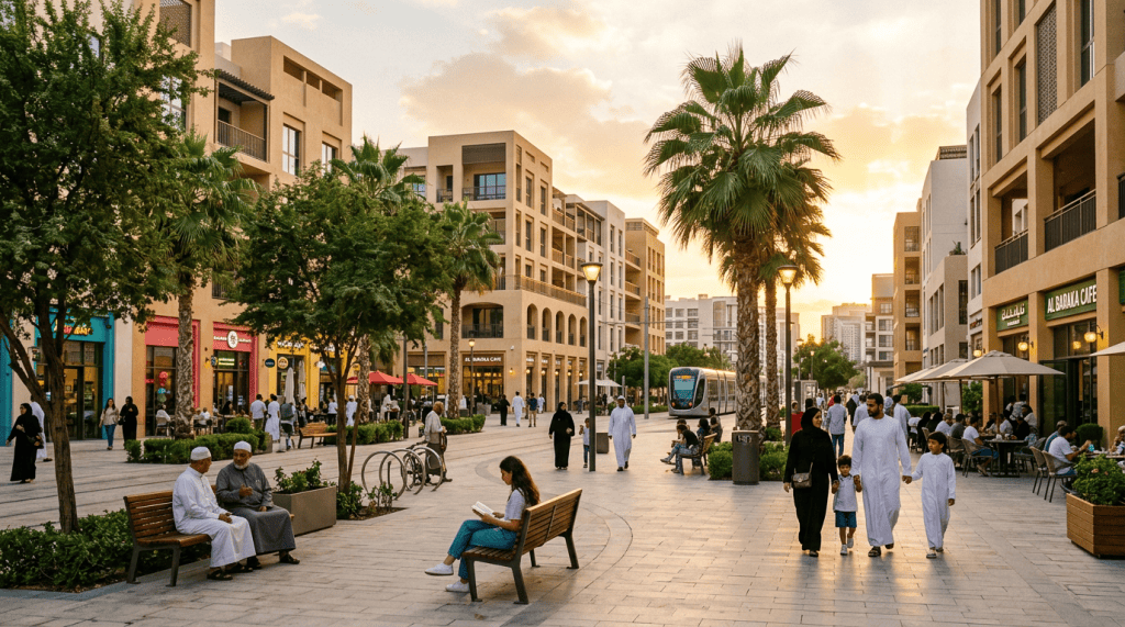 A bustling outdoor plaza with people walking, sitting, and socializing, surrounded by palm trees and modern buildings at sunset.