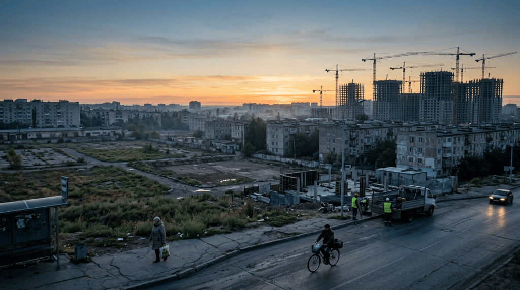 A cityscape at sunrise featuring residential buildings, construction cranes, and a man riding a bicycle on a street. In the foreground, a person carrying a bag stands by a bus stop, while construction workers are seen near building sites.