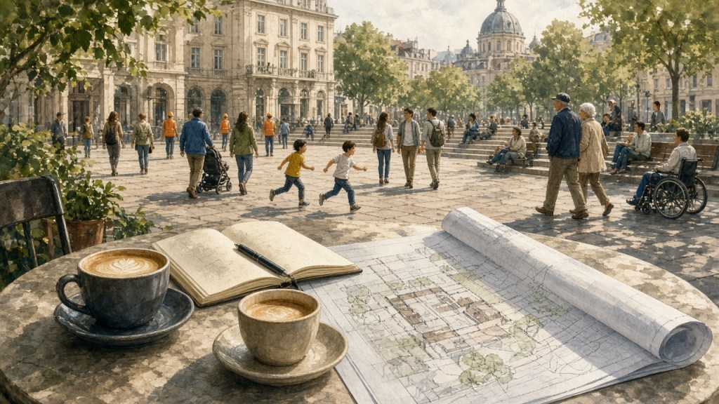 Two coffee cups, a notebook and rolled-out plans on a cafe table, with a busy plaza beyond: children running, families, older people and a wheelchair user crossing it.