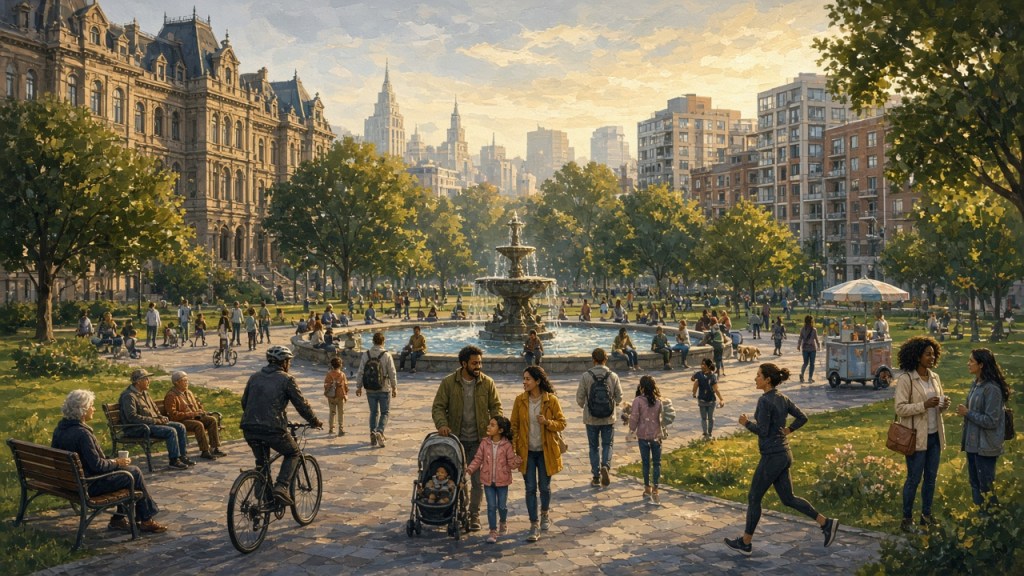 Dawn over a green city square with a fountain, held between older stone buildings and newer housing, busy with a diverse crowd of families, cyclists, older people on benches and friends.