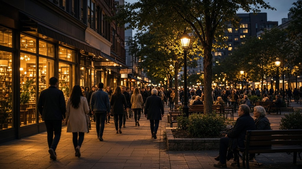An evening downtown sidewalk with lit shop windows, people walking and others sitting on benches under street trees.